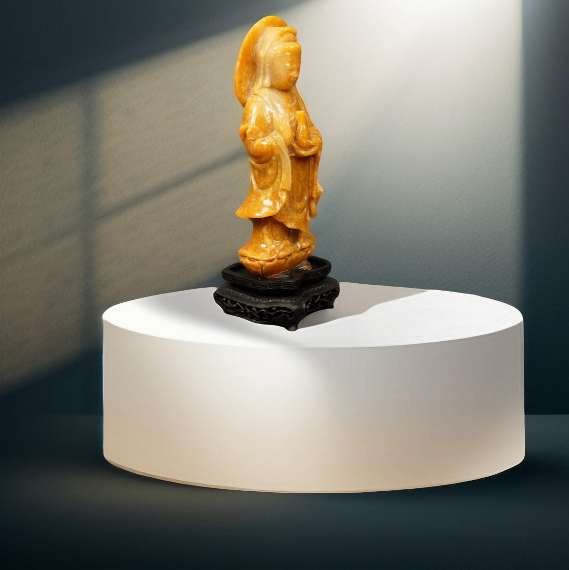 V000045 Chinese Yellow Jade Guanyin Sculpture on Wood Stand - Qing Dynasty