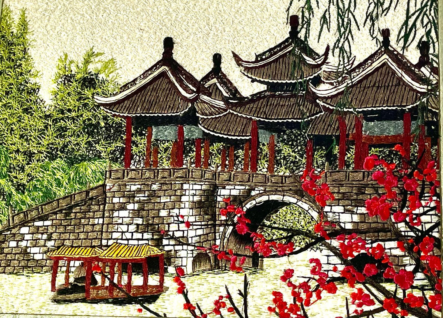 V000012 Defung Pagoda- Bridge & Mercantil Suzhou Silk Embroidery painting