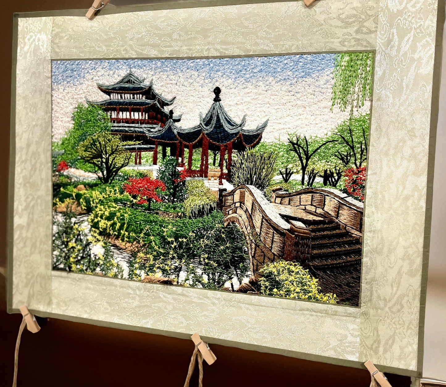 V000020 Vintage Japanese Pagoda & Bridge Suzhou Silk Embroidery Painting