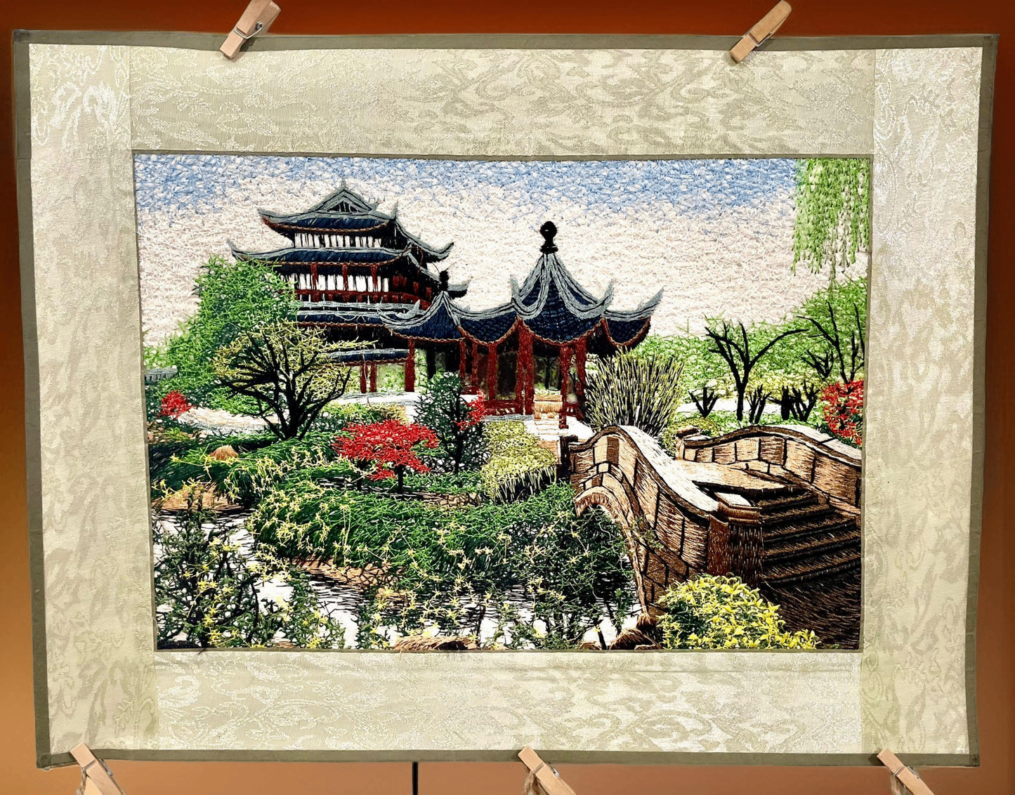 V000020 Vintage Japanese Pagoda & Bridge Suzhou Silk Embroidery Painting