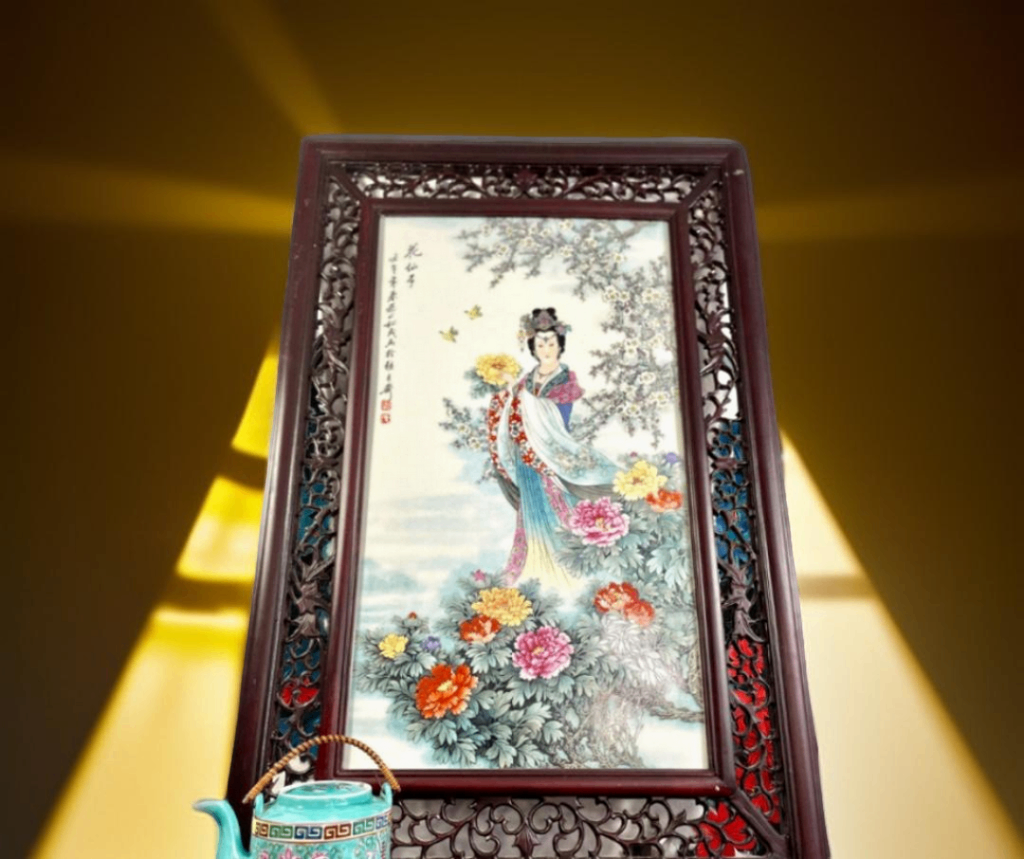 V000035 China- Flower Fairy polychrome porcelain plaques, Framed Porcelain Painting- Art Deco Wall Art Decor