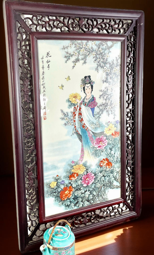 V000035 China- Flower Fairy polychrome porcelain plaques, Framed Porcelain Painting- Art Deco Wall Art Decor