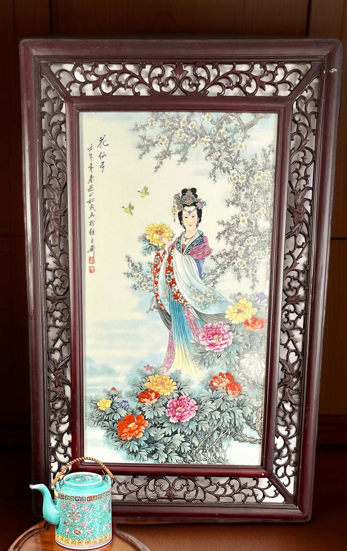 V000035 China- Flower Fairy polychrome porcelain plaques, Framed Porcelain Painting- Art Deco Wall Art Decor