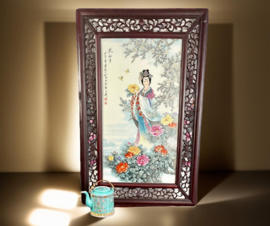 V000035 China- Flower Fairy polychrome porcelain plaques, Framed Porcelain Painting- Art Deco Wall Art Decor