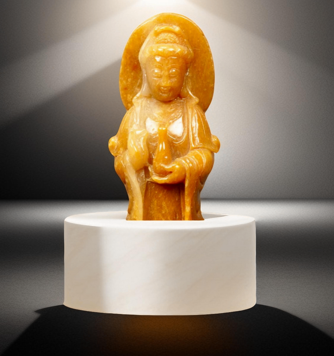 V000045 Chinese Yellow Jade Guanyin Sculpture on Wood Stand - Qing Dynasty