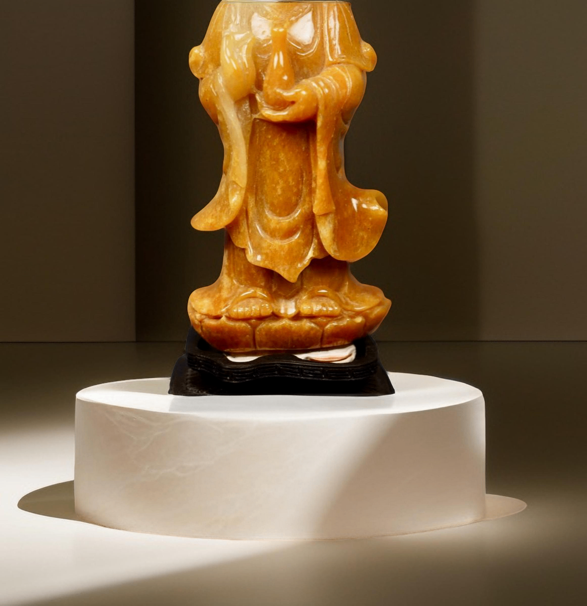 V000045 Chinese Yellow Jade Guanyin Sculpture on Wood Stand - Qing Dynasty