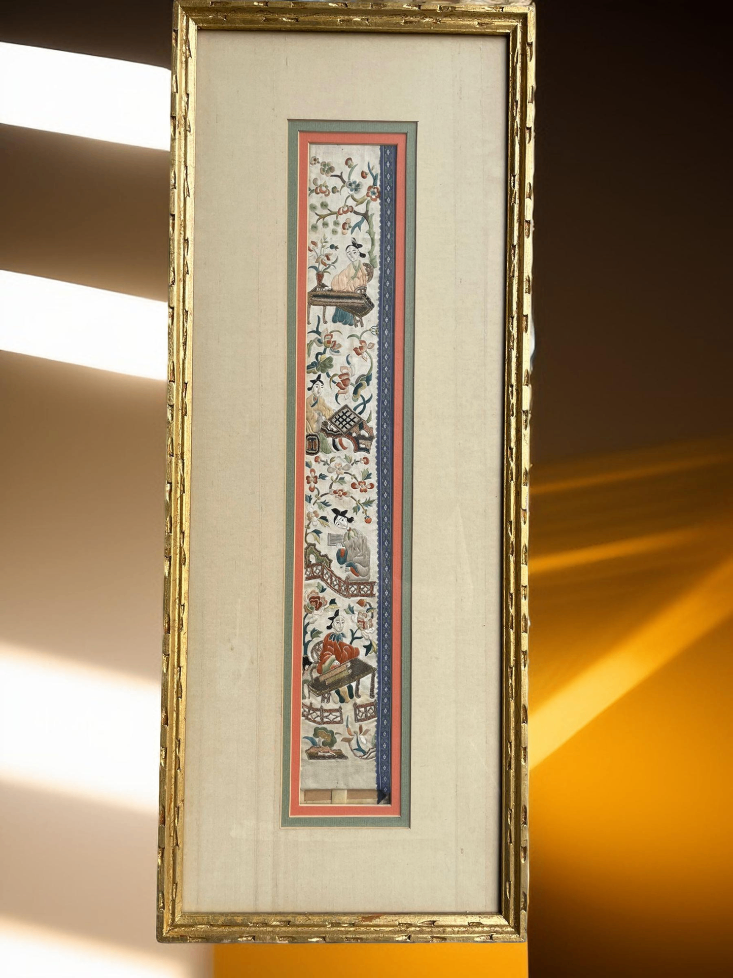 V000052 Framed Chinese Silk Embroidered Tapestry Panel, The Shollars life and cranes, and Floral Motif