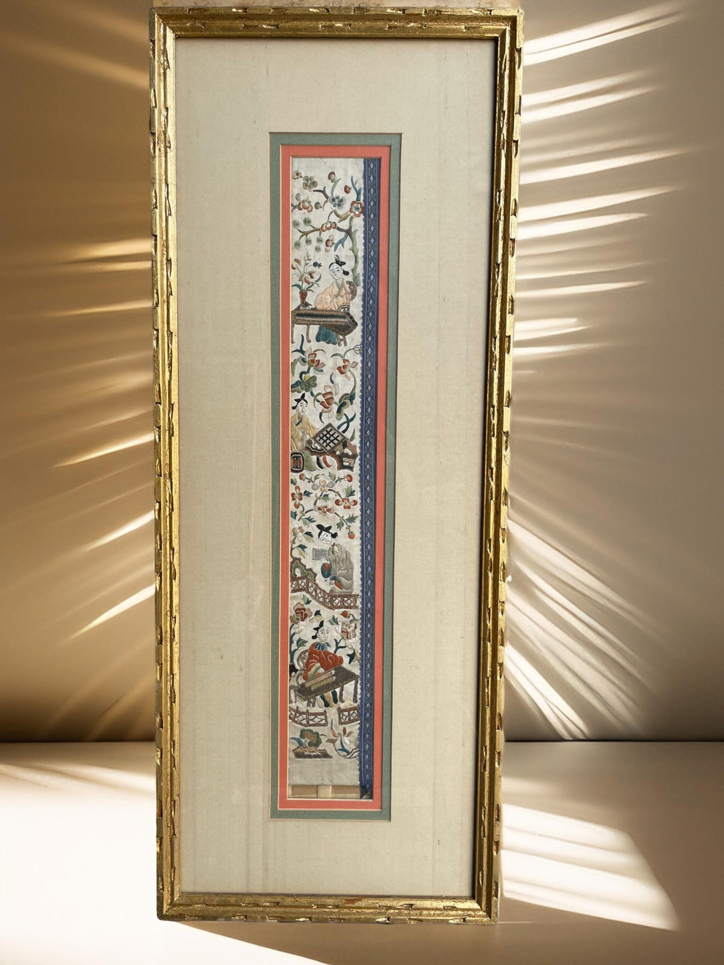 V000052 Framed Chinese Silk Embroidered Tapestry Panel, The Shollars life and cranes, and Floral Motif