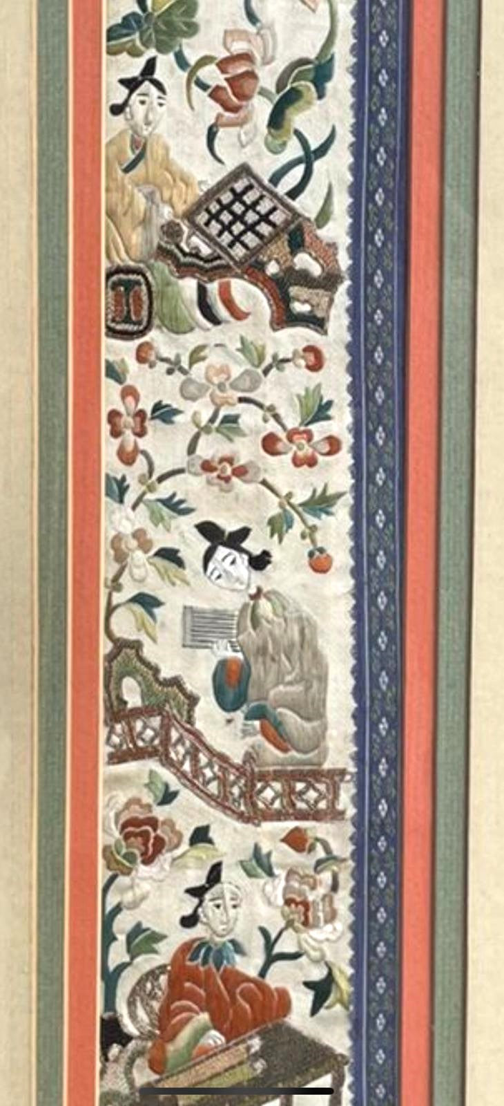 V000052 Framed Chinese Silk Embroidered Tapestry Panel, The Shollars life and cranes, and Floral Motif