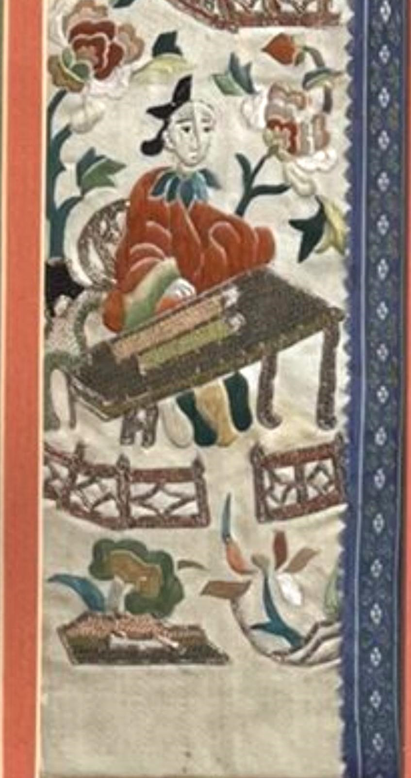 V000052 Framed Chinese Silk Embroidered Tapestry Panel, The Shollars life and cranes, and Floral Motif