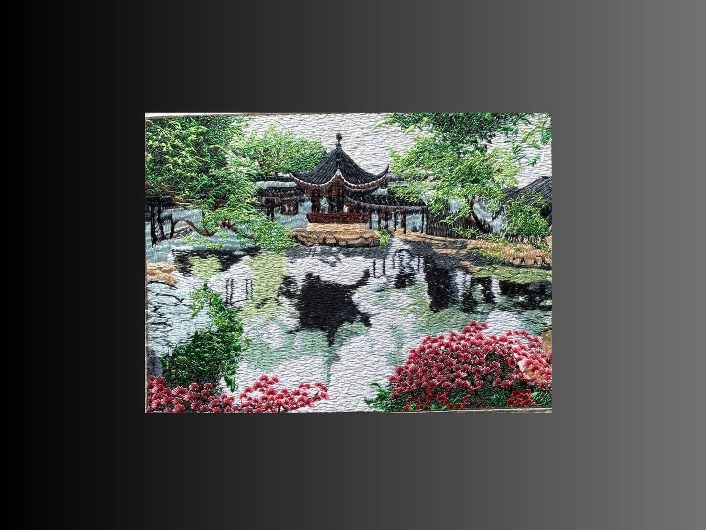 V000076 Chinese Vintage Pavilion by the Pond: Suzhou Embroidery Art